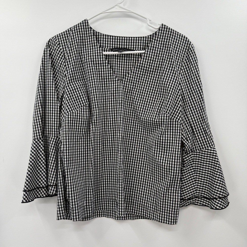 White House Black Market Gingham Bell Sleeve Blouse‎ Size 4